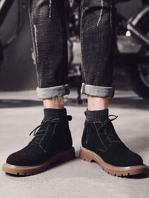 Black Ankle Boots Men Round Toe Lace Up Boots Suede Work Boots ...