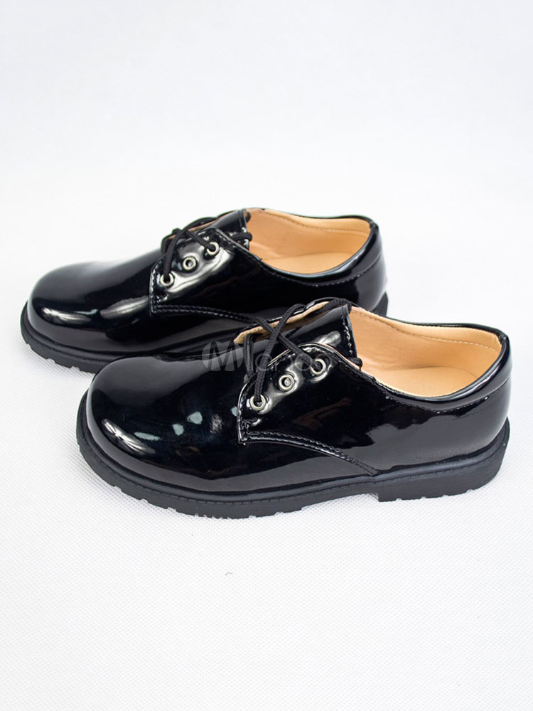 Black Party Shoes Boys Round Toe Glazed Lace Up Dress Shoes Ring Bearer