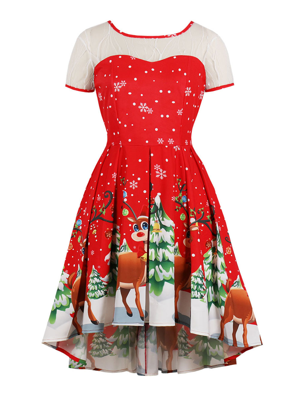 Robe vintage de Noël des années 1950 rouge renne imprimée Illusion manches courtes haute Swing Dress