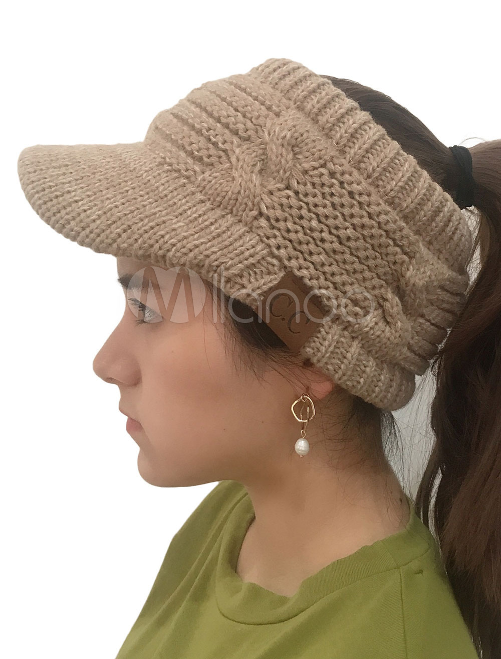 Ponytail Beanie Hat Cable Knit High Bun 