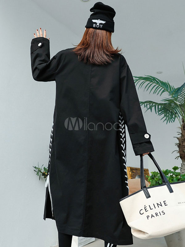 Black Boyfriend Coat Lace Up Buttons Long Sleeve Women Oversized Trench Coat