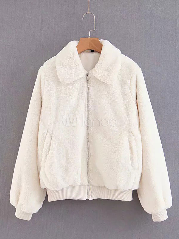 White Teddy Bear Coat Long Sleeve Faux Fur Coat Full Zip Turndown