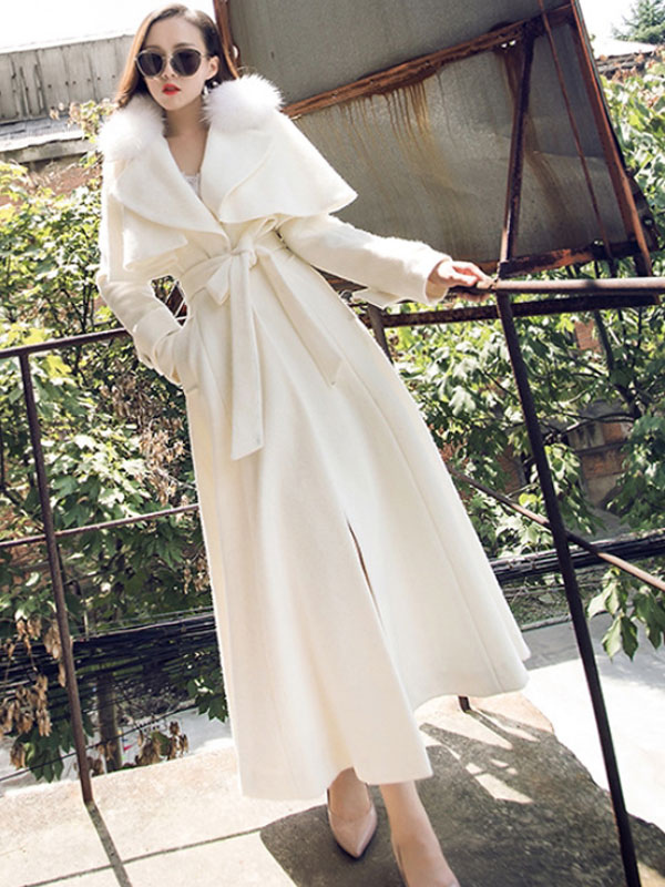 Women's Clothing Outerwear | Women Maxi Coat Faux Fur Collar Long Sleeve Belted Slim Fit Wool Coat - BJ58267