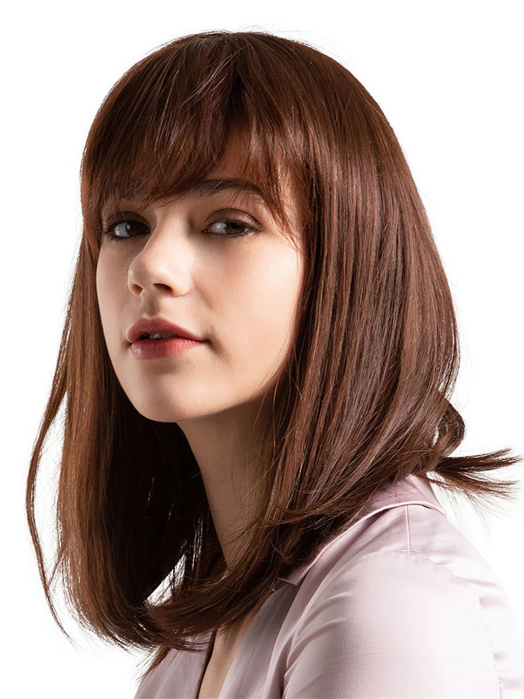 Women's Clothing Accessories | Human Hair Wigs Deep Brown Layered Straight Hair Wigs With Bangs - NH88881