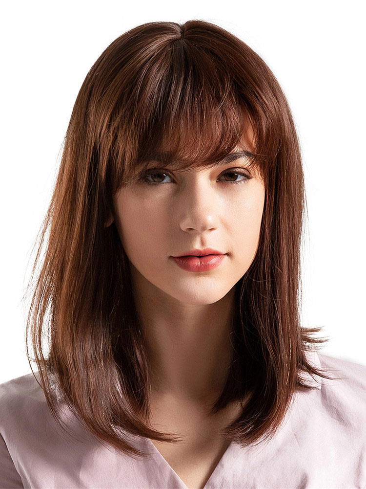 Women's Clothing Accessories | Human Hair Wigs Deep Brown Layered Straight Hair Wigs With Bangs - NH88881