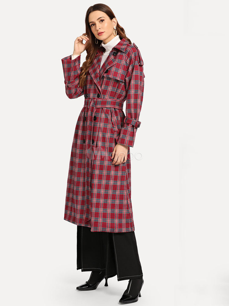 Karierter Trenchcoat Damen Roter Wintermantel Umlegekragen Peacoat Milanoo Com