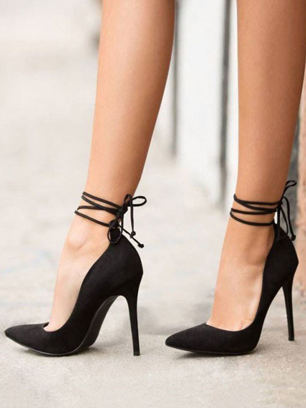 black pointed toe lace up heels