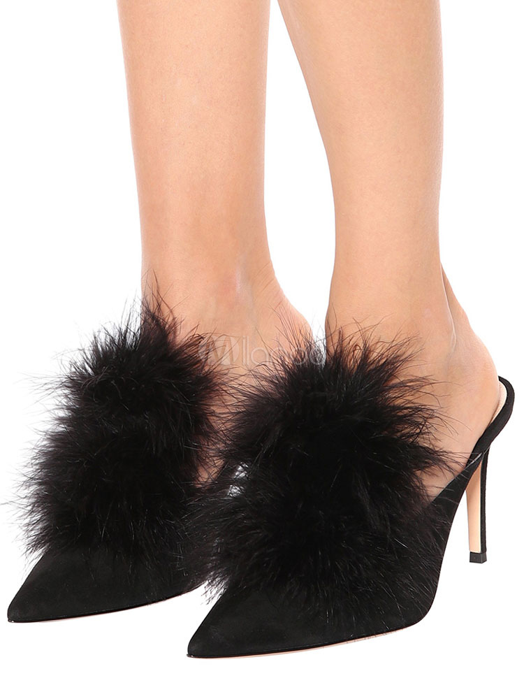 High Heel Mules Suede Nap Pointed Toe Feathers Detail Backless Mule ...