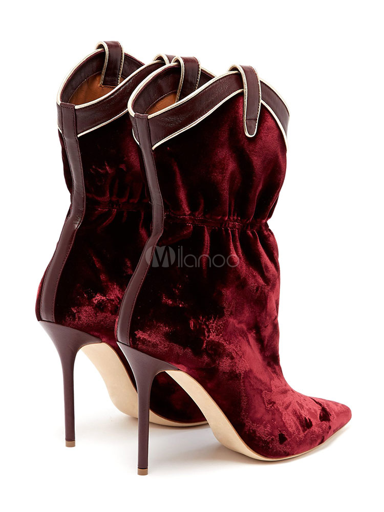 Burgundy Ankle Boots Velvet Pointed Toe Designed High Heel Booties Women Dress Shoes