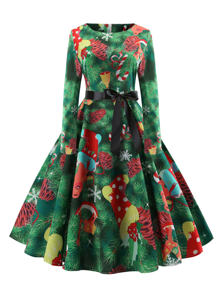 Robe vintage imprimée de Noël à manches longues et à col rond; robe rétro verte