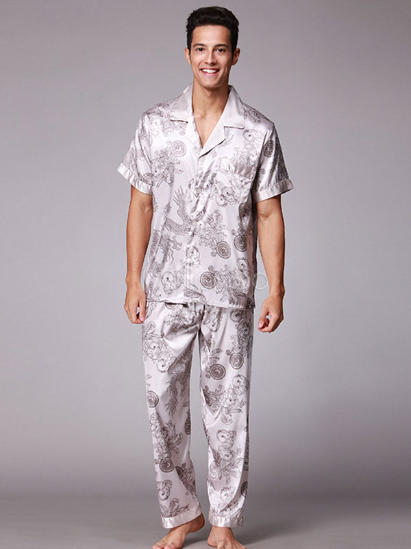 2 Piece Pajama Set Silk Print Short Sleeve Summer Lounge Wear For Men ...