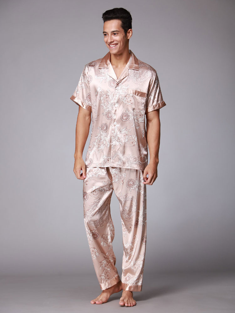 2 Piece Pajama Set Silk Print Short Sleeve Summer Lounge Wear For Men ...