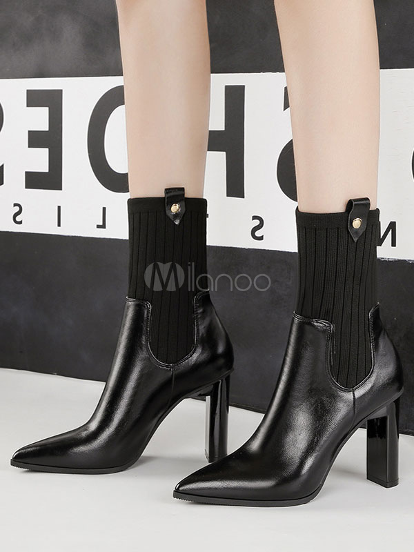 黒い靴のブーツの女性は パッチワークハイヒールのブーツの足首のブーツを指摘 Milanoo Jp