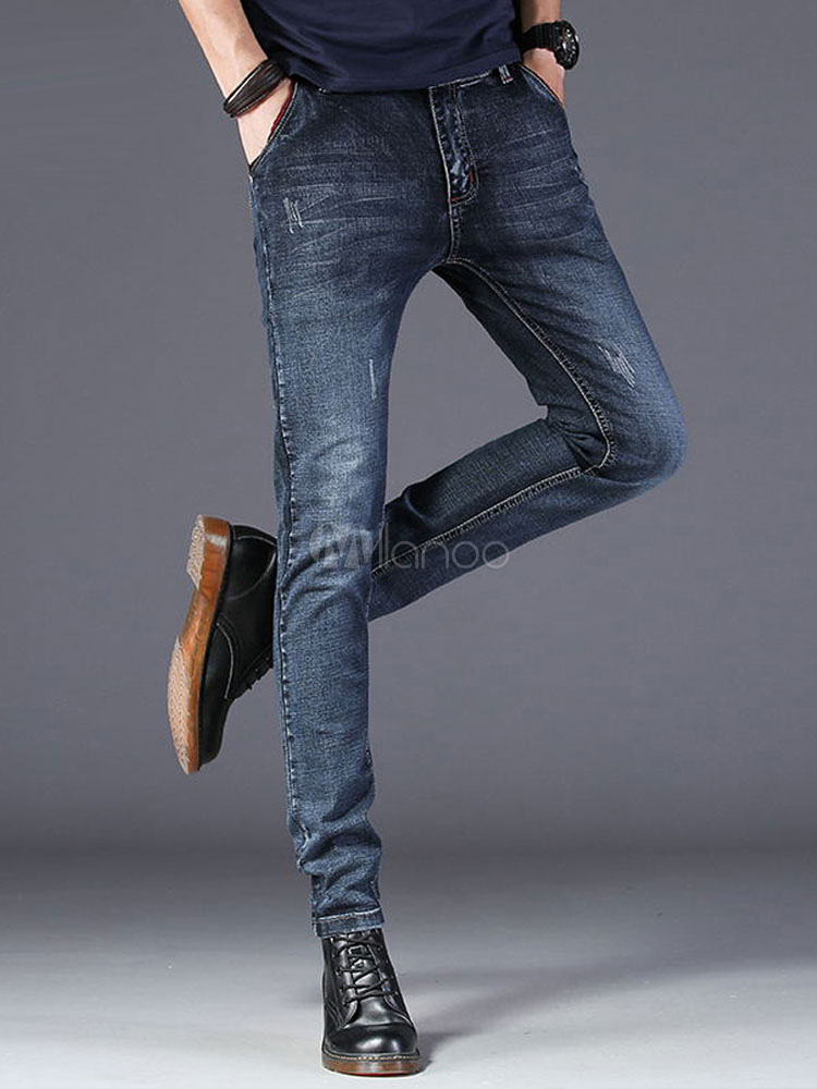 Blue Denim Jeans Distressed Scratch Straight Leg Jean For Men - Milanoo.com