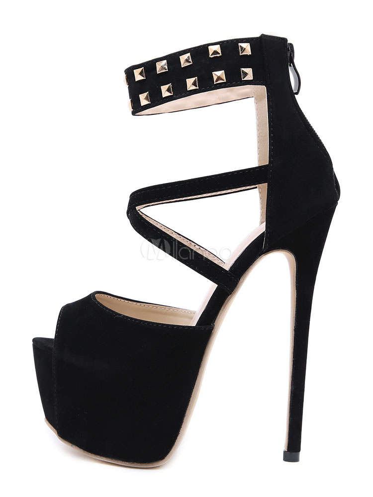 Noir Sexy Chaussures Femmes Plateforme Peep Toe Criss Cross Perlé Sandales À Talons Aiguilles En