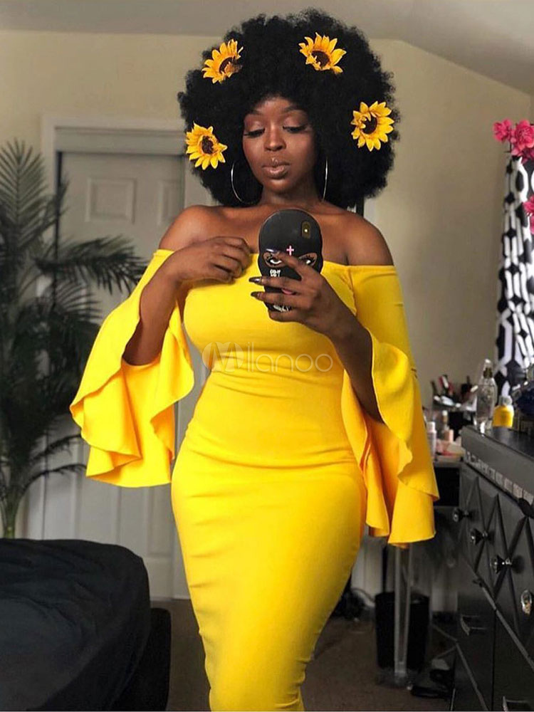 yellow off the shoulder bodycon dress