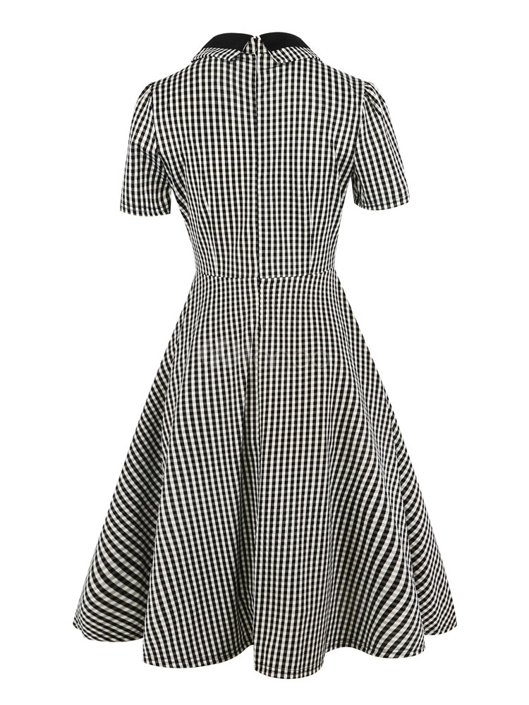 Women Vintage Dress Turndown Collar Buttons Short Sleeve Printed Retro ...