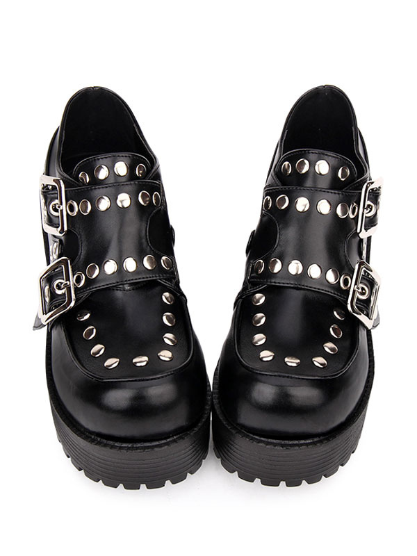 Costumes Lolita | Punk Lolita Footwear Rivet Buckle Chunky Heel Platform Black Lolita Shoes - YR05718