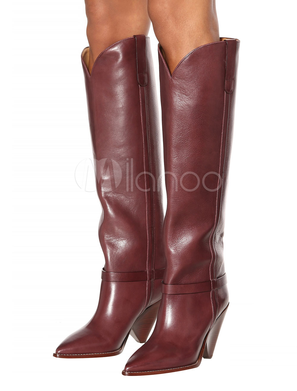 Burgundy Knee High Boots Women Pointed 