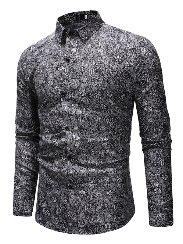 Men Casual Shirt Floral Print Cotton Long Sleeve Beach Shirt