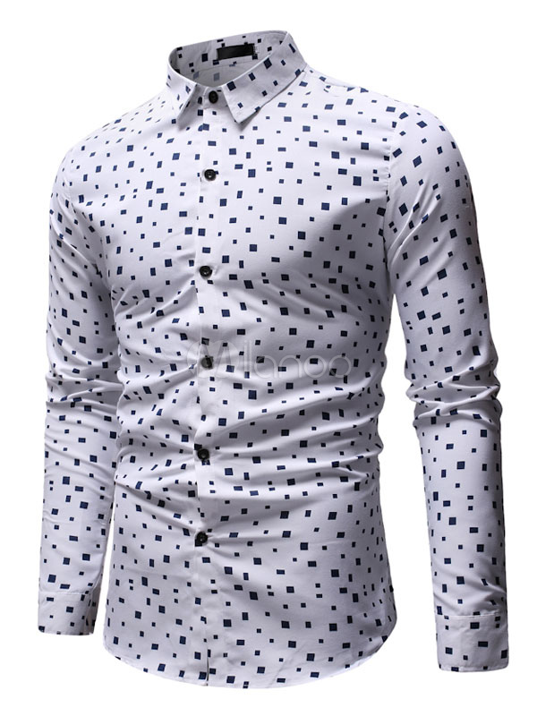 White Casual Shirt Dot Print Button Downs Cotton Long Sleeve Shirt For ...