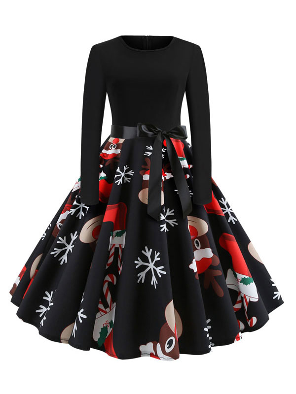 Robe noire vintage à manches longues avec imprimé de Noël et robe évasée