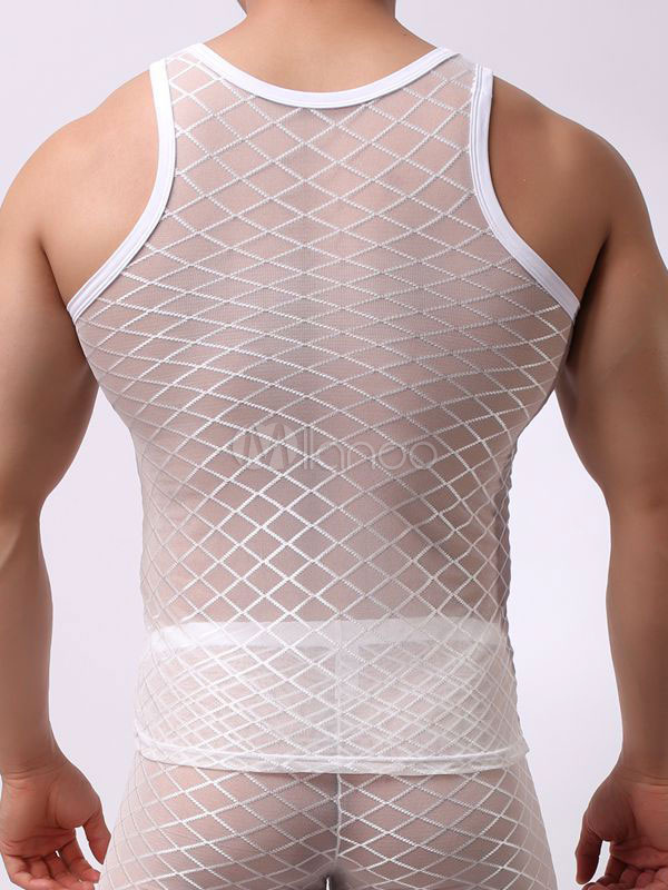 White Tulle Singlet Checkered Pattern Sheer Men Sexy Tank Milanoo Com