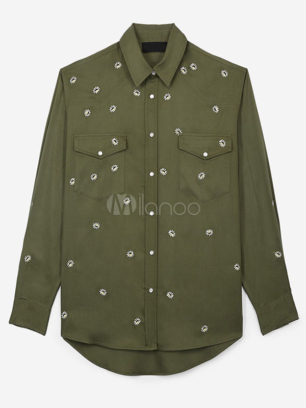 Women Boyfriend Shacket Daisy Embroidered Cotton Lightweight Shirt