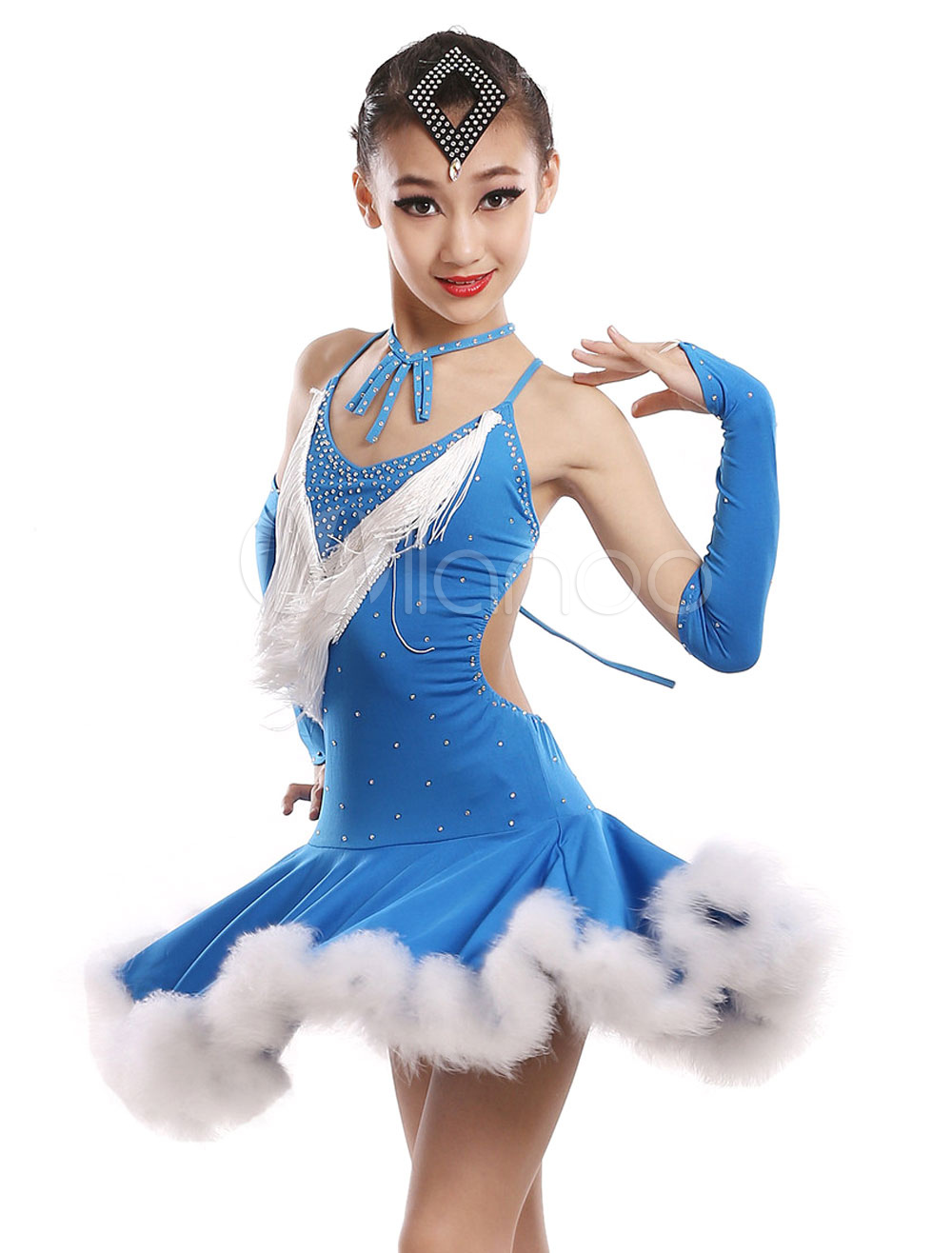 Latin Dance Costume Kids Tassles Faux Fur Dresses Set For Girls