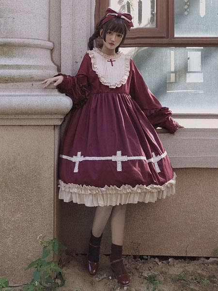 Vestido lolita OP dulce con volantes Volantes en dos tonos en borgoña Lolita  Vestido de una pieza - Lolitashow.com
