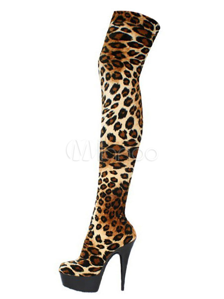 Knee Boots Women Platform Leopard Print 