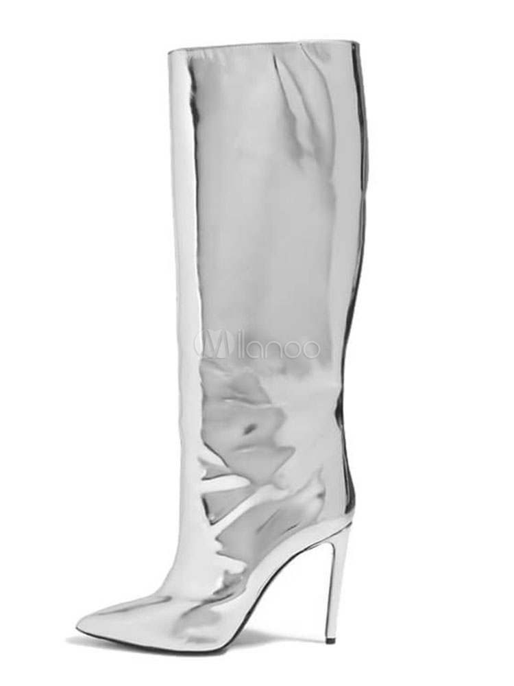 Silver Knee High Boots Womens Pointed 