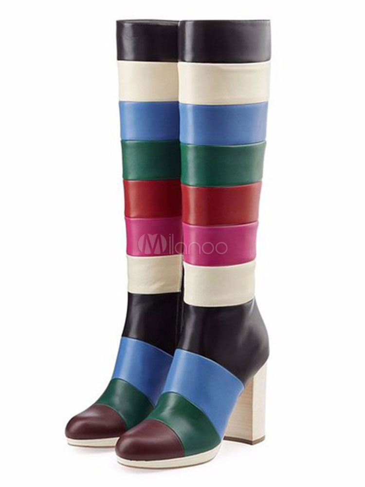 Botas hasta la rodilla de Botas altas mujer de puntera redonda negro 12cm  de tacón gordo de color-blocking Otoño Primavera Cremallera - Milanoo.com