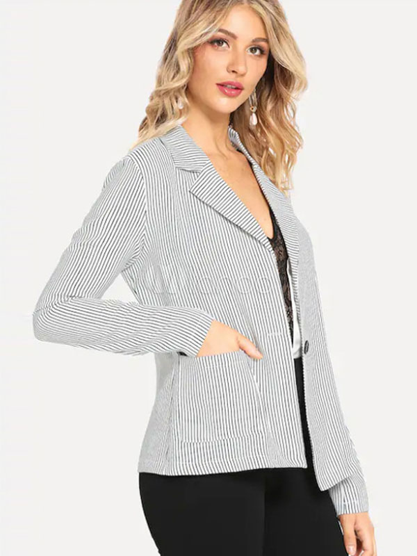 Women Grey Blazers Turndown Collar Striped Blazer Jacket