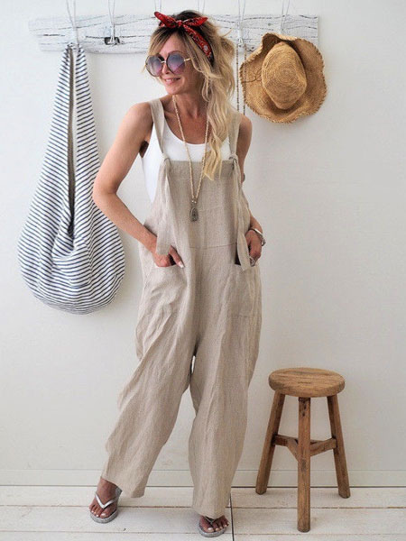 Women's Clothing Jumpsuits & Rompers | Overall Cotton Linen Wide Leg With Pockets Jumpsuits For Women - ZZ32651