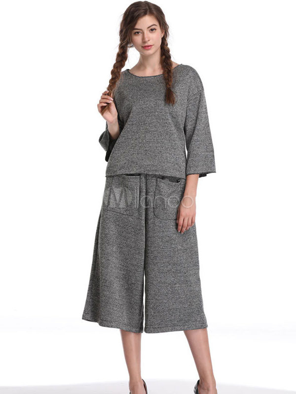 Felpa da donna girocollo in felpa grigia con pantaloni larghi - Milanoo.com