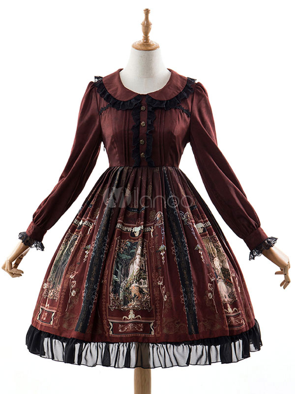 Classic Lolita OP Dress Ancient Castle Elf Print Lace Ruffle Burgundy ...