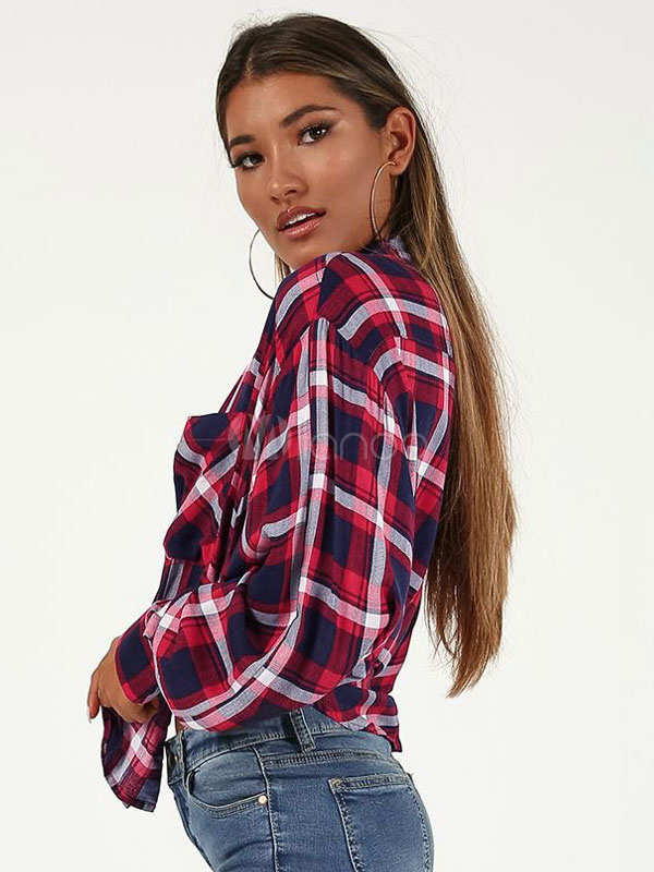 Sexy Plaid Shirt Long Sleeve Button Up Knotted Women Top 