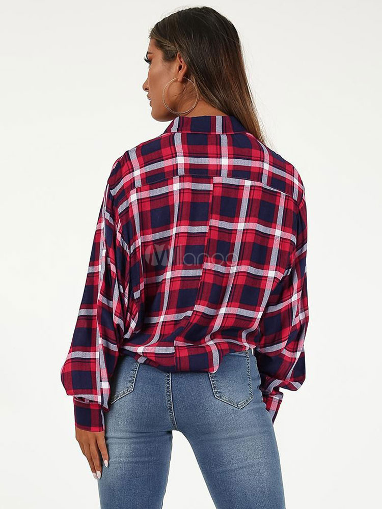 Sexy Plaid Shirt Long Sleeve Button Up Knotted Women Top 