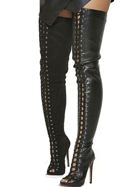 thigh high open toe lace up boots