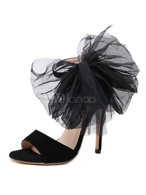 High Heel Sandals Black Open Toe Tulle Bow Detail Ankle Strap Sandal Shoes  For Women - Milanoo.com