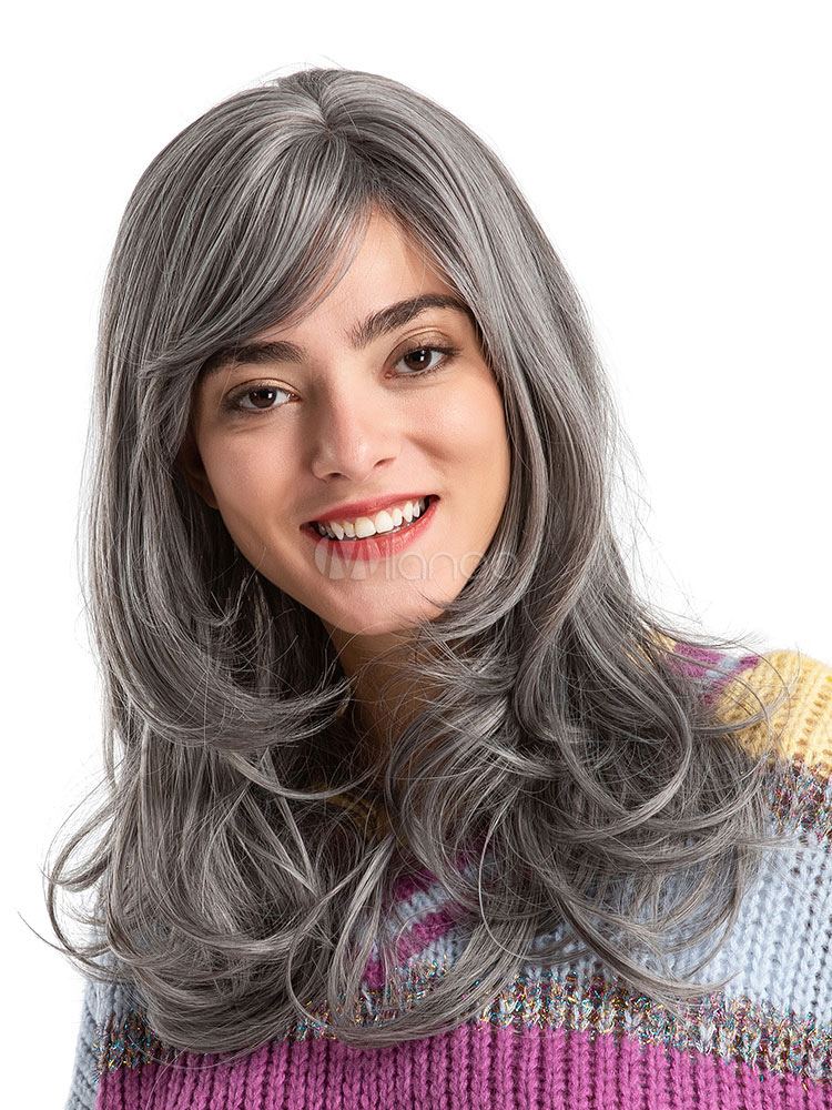 Grey Hair Wigs Women Layered Side Parting Long Curly Synthetic Wigs 