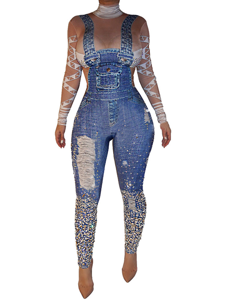 Blue Denim Jumpsuit Long Sleeve High Collar Beaded Distressed Sexy Skinny Jumpsuit Milanoo Com