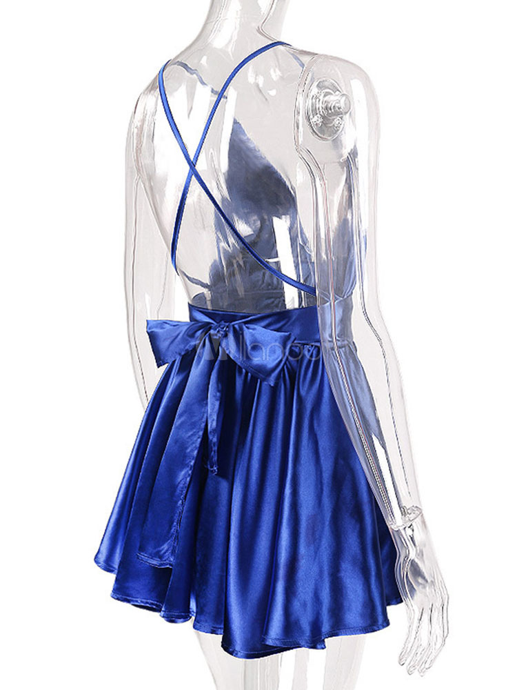 Sexy Skater Dress Straps Party Dress Bows Backless Swing Mini Dress