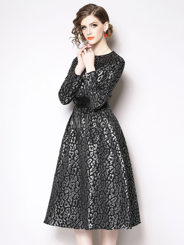 Black Vintage Dress 1950s Long Sleeve Tie Waist Women Swing Dress ...