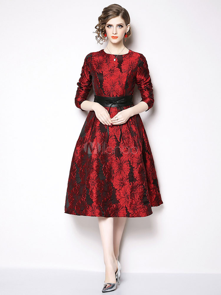 Vestiti Anni 50 damascato Abiti donna maniche lunghe abiti anni 50 Bordeaux  fiocchi con scollo tondo acetato Primavera Autunno vintage - Milanoo.com