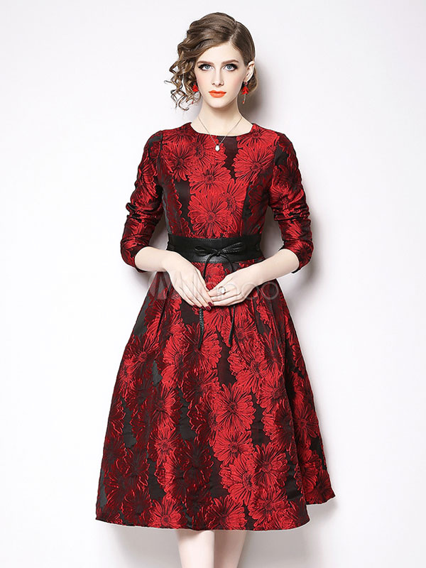 Robe à fleurs Vintage à manches longues à nouer à la taille