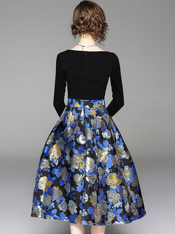 レトロワンピース ジャガード織 1950年代 ロカビリー ワンピース ブルー ヴィンテージワンピース 長袖 プリーツ ラウンドネック アセテート レディースワンピース 二次会 発表会 お呼ばれ レディースファッション Milanoo Jp