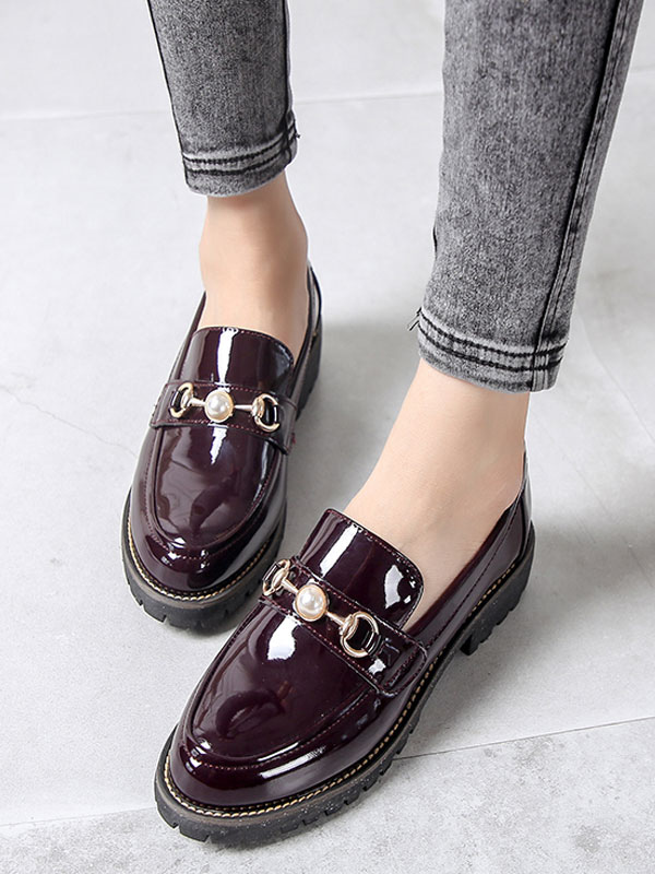 Women Burgundy Loafers Round Toe Pearls Slip On Shoes - Milanoo.com