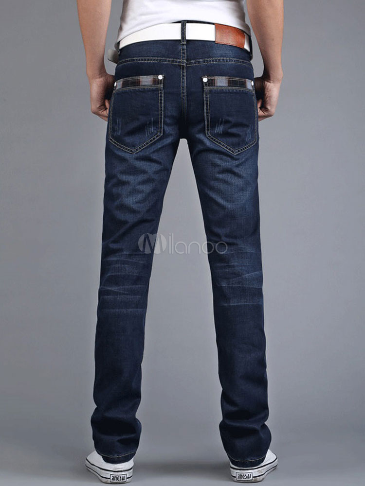 Straight Leg Jeans Blue Distressed Scratch Men Denim Pant - Milanoo.com